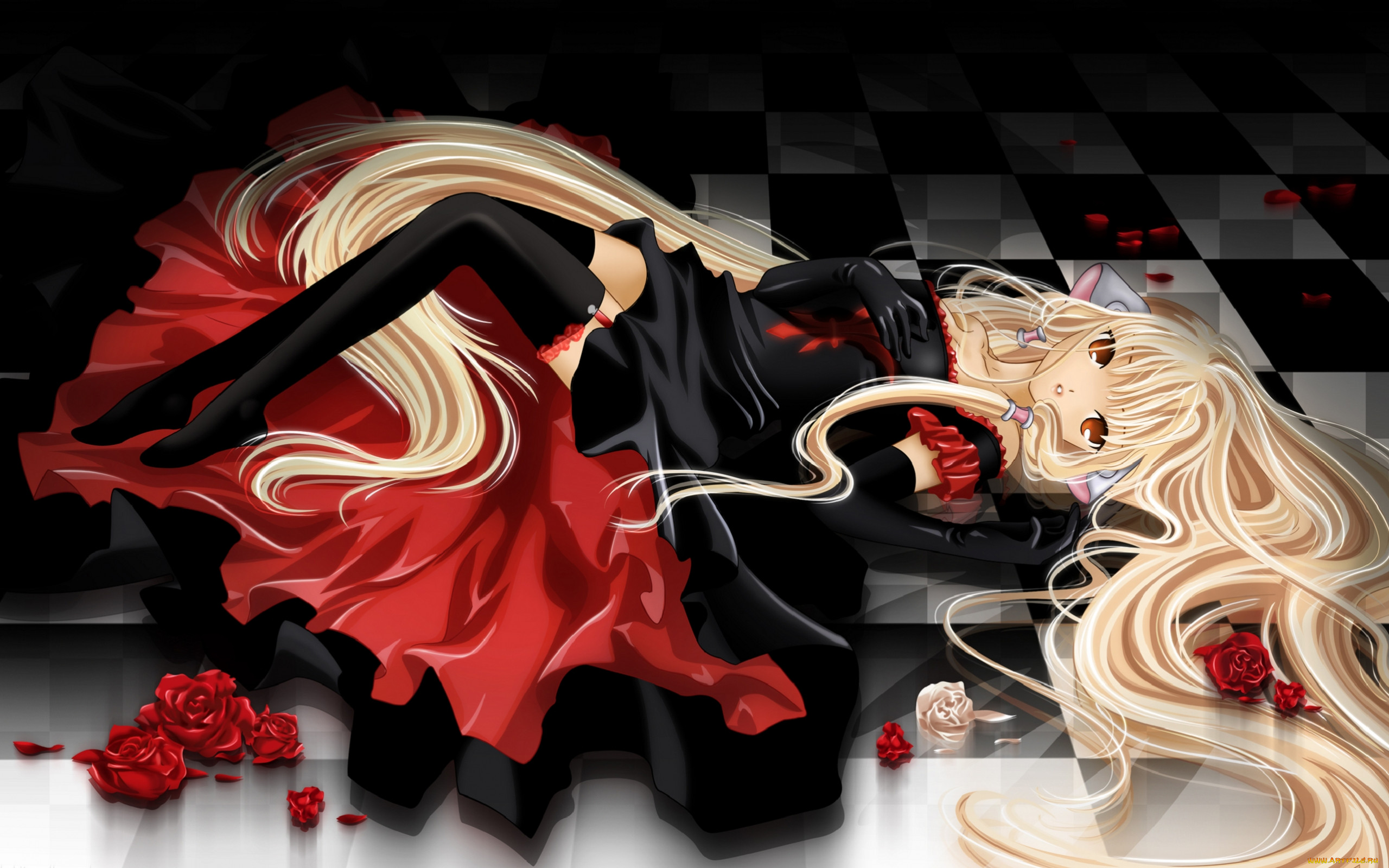 , chobits, black, red, white
